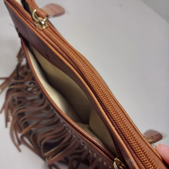 NWT VIETA Fringed Rhinestone Crossbody Purse Brown Faux Leather Back Pocket - Picture 12 of 15
